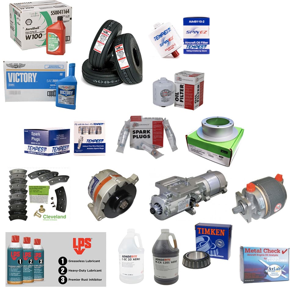 assortment of different products for aircraft maintenance and parts.